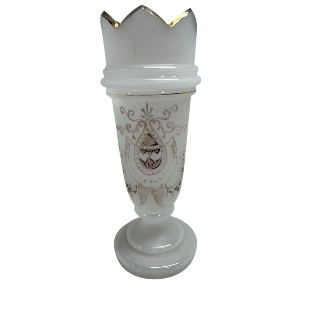 Vintage Victorian White Bristol Glass Vase Stands 7.5" Tall Pink Design